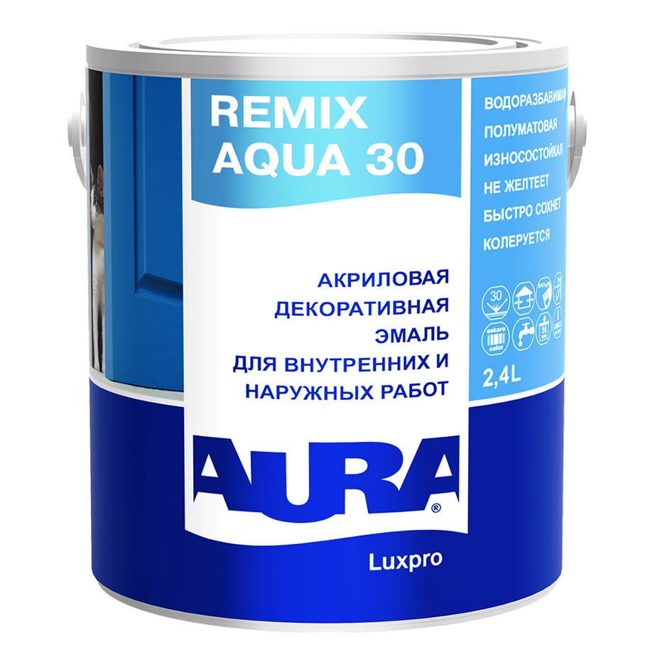 Эмаль акриловая Aura Remix Aqua 30 полуматовая бесцветная основа TR 2,4 л