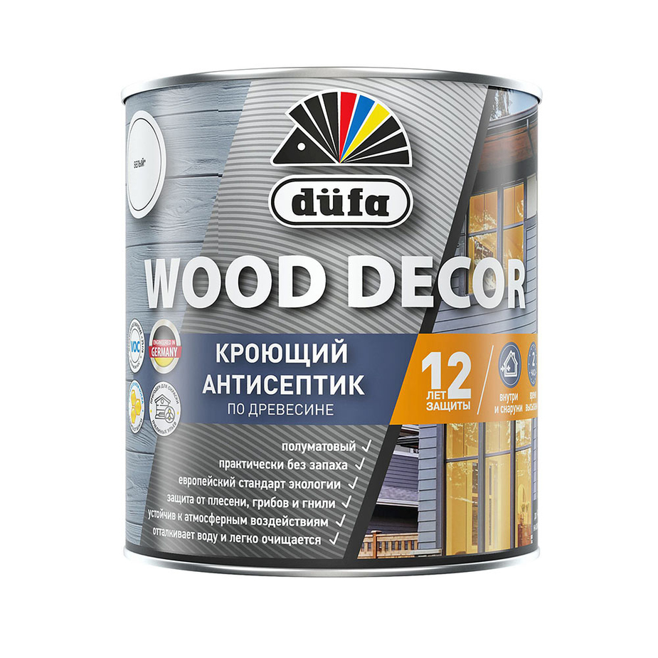 Антисептик Dufa Wood Decor кроющий декоративный для дерева база 1 белый 0,9 л