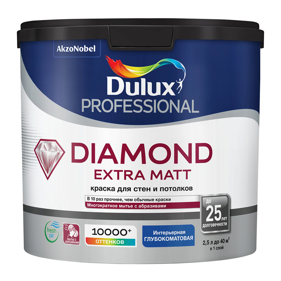 Краска моющаяся Dulux Diamond Extra Matt база BW белая 2,5 л