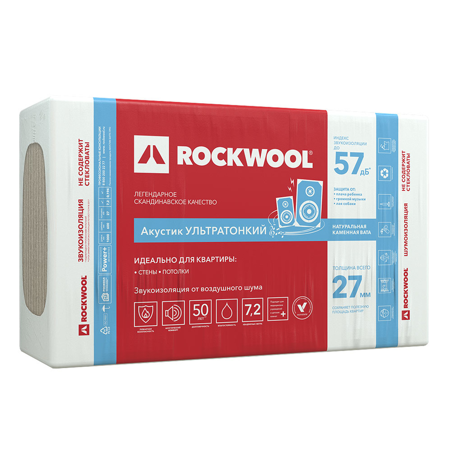 Шумоизоляция Rockwool Акустик Баттс ПРО Ультратонкий 27х600х1000 мм 7,2 кв.м