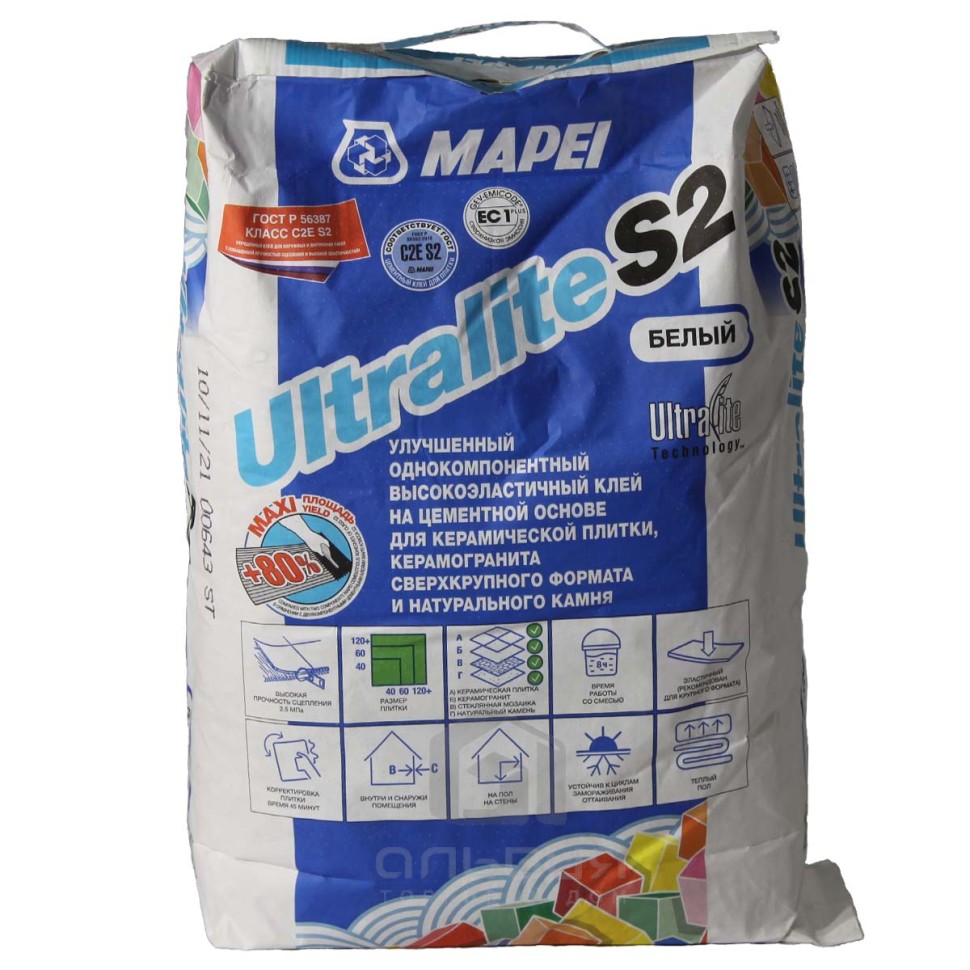 Клей для плитки/ керамогранита/ камня Mapei Ultralite S2 высокоэластичный универсальный белый (класс C2 E S2) 15 кг