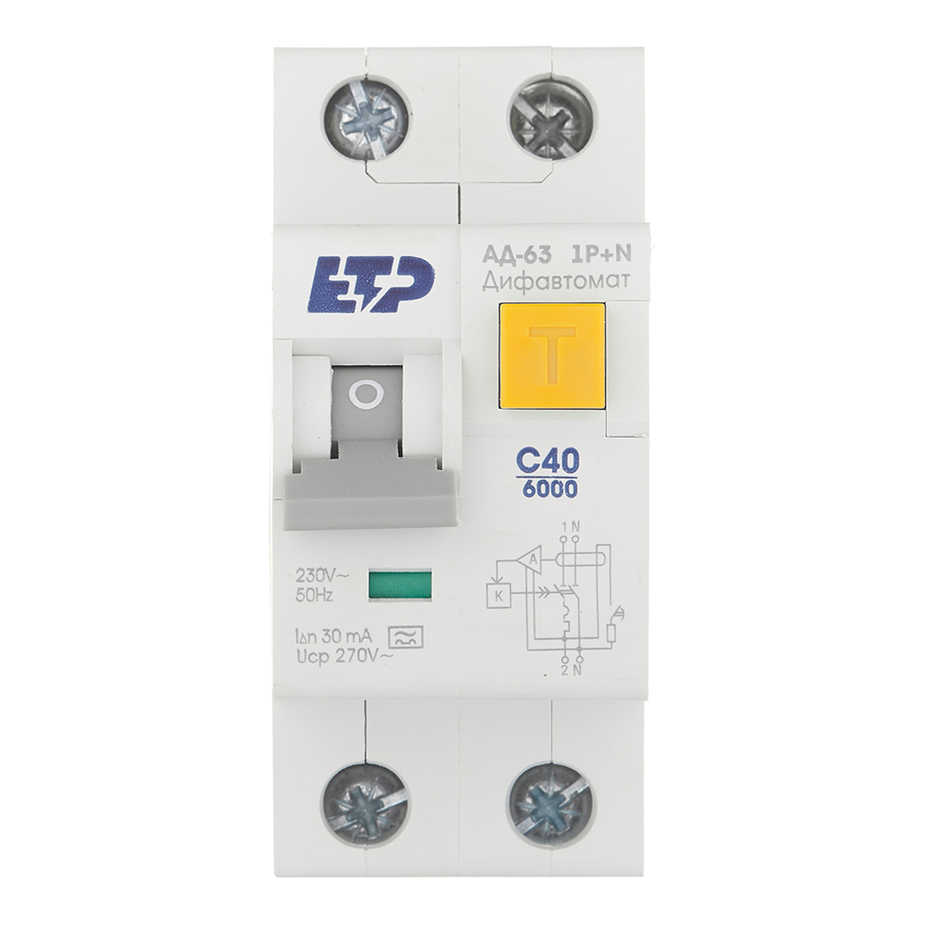 Автомат дифференциальный ETP АД-63 (19057) 40А 30 мА 1P+N тип A 6 кА компактный