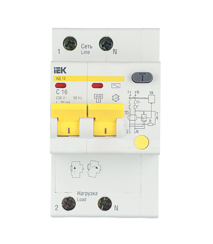 Автомат дифференциальный IEK АД-12 (MAD10-2-016-C-030) 16А 30 мА 1P+N тип АС 4,5 кА