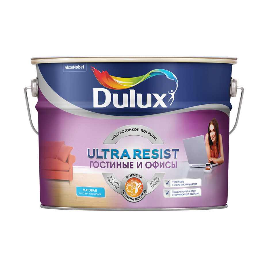 Краска моющаяся Dulux Ultra Resist гостиные и офисы база BС бесцветная 9 л