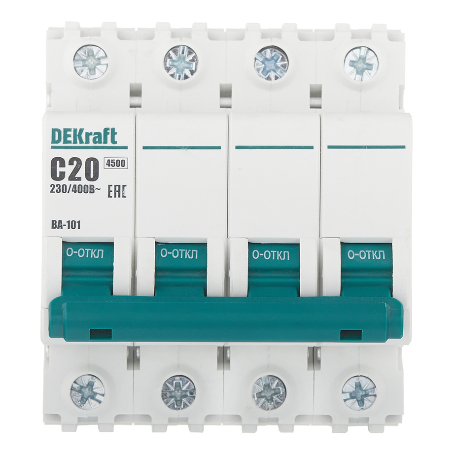 Автоматический выключатель Dekraft BA-101 (11091DEK) 4Р 20А тип C 4,5 кА 230-400 В на DIN-рейку