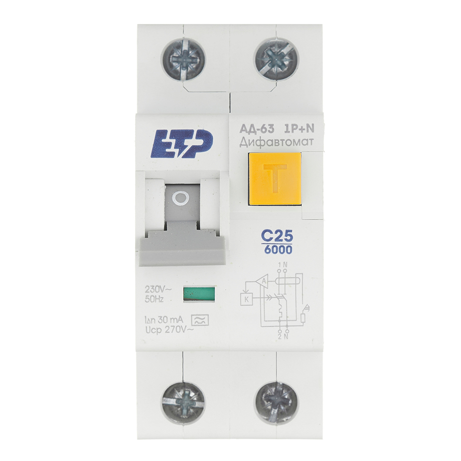 Автомат дифференциальный ETP АД-63 (19055) 25А 30 мА 1P+N тип A 6 кА компактный
