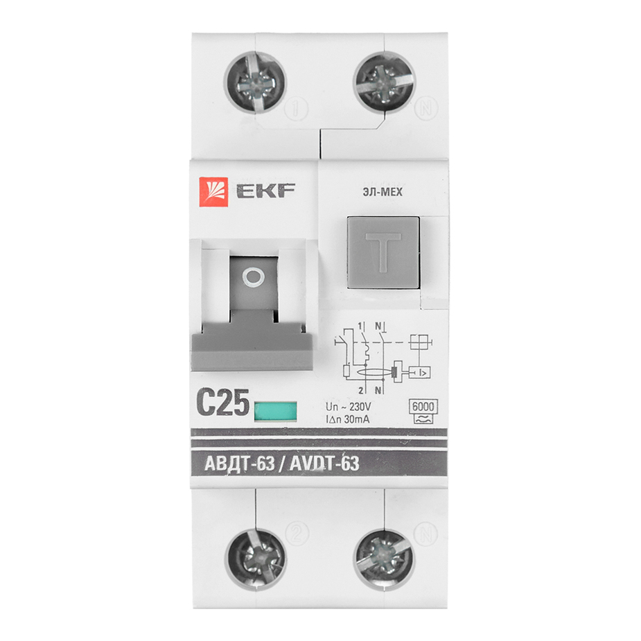 Автомат дифференциальный EKF (DA63-25-30-AC) 25А 30 мА 1P+N тип АС 6 кА